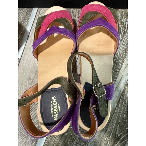 Swedish Hasbeens 50s Suede Combo Sandal With Wooden Heel Size 38 Adjustable Stra - Picture 8 of 8